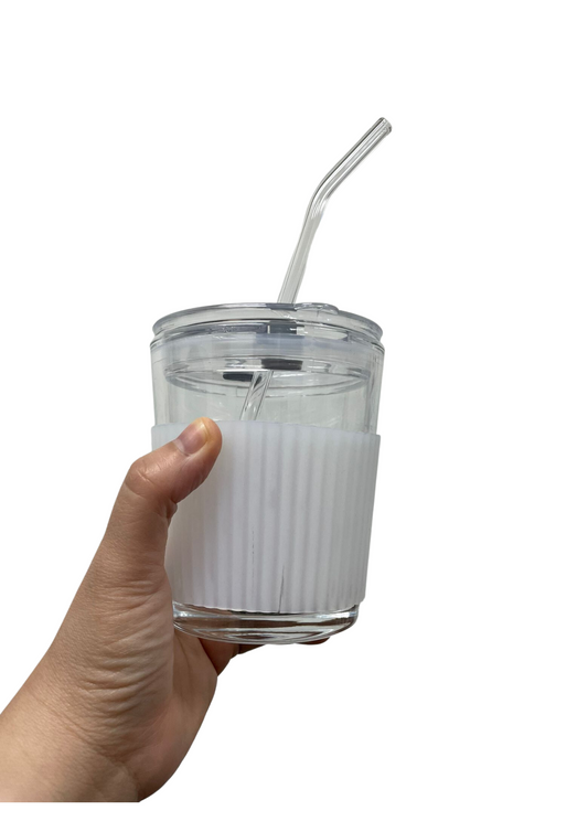 Glass Coffee Cup with Glass Straw & a Holder