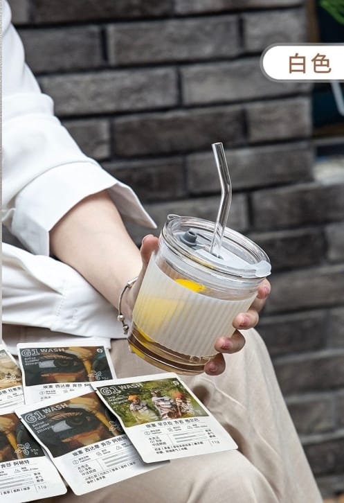 Glass Coffee Cup with Glass Straw & a Holder